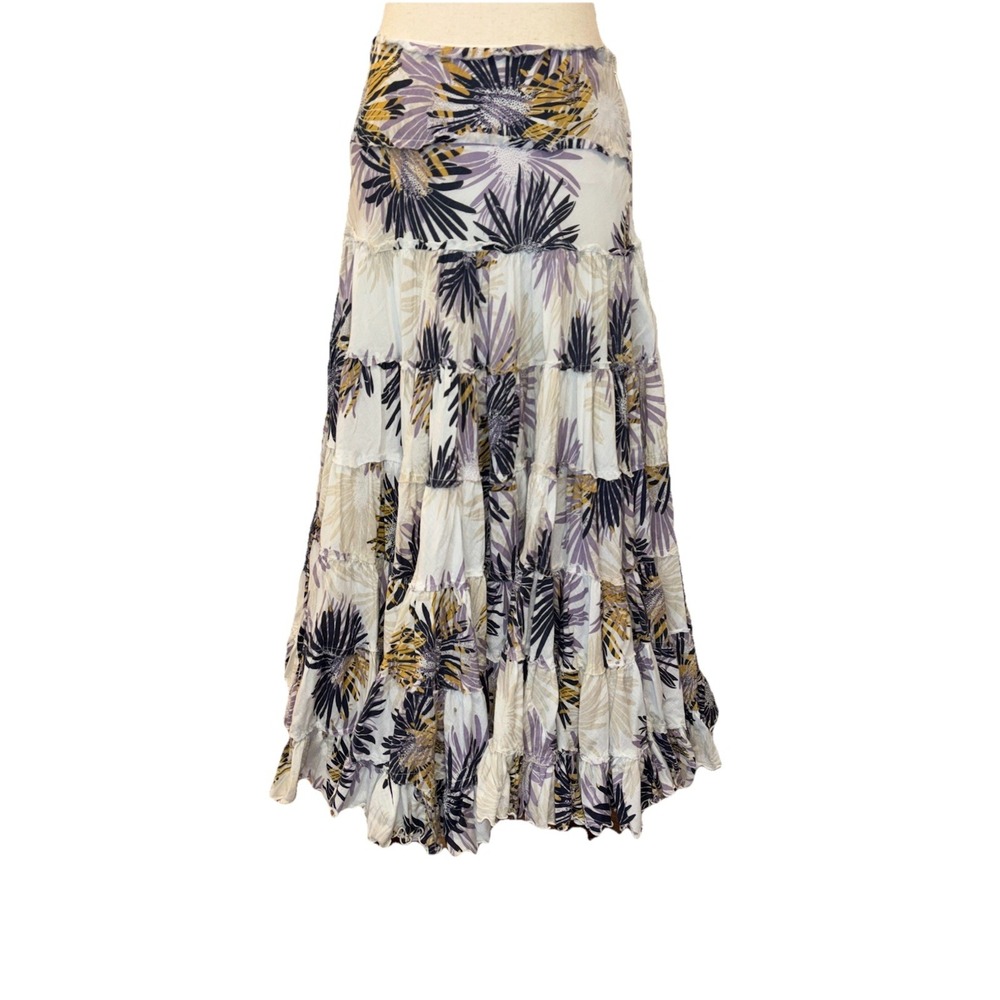 Anthropologie Odille Tiered Midi White Purple Yellow Skirt Lined Size 4